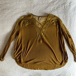 Free people gold crochet lace detail long sleeve top